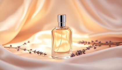 Elegant fragrance bottle with silver cap on soft fabric with lavender sprigs for a luxurious product shot