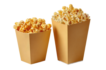 Two cardboard popcorn tubs, one medium with caramel corn and one tall with buttered popcorn, placed diagonally, transparent background.