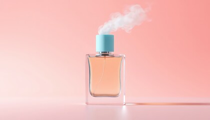 Glass bottle of fragrance with light blue cap on a pink backdrop exhaling a fragrant cloud