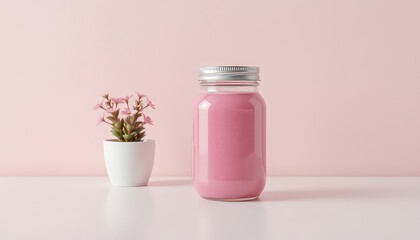 Healthy Pink Smoothie in a Glass Jar with a Metal Lid, Alongside a Small Decorative Plant on a Light Pink Surface