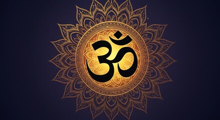 Hindu symbol om in a golden mandala on a dark blue background. Meditation.