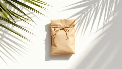 Elegant presentation of a small, wrapped package tied with natural twine, featuring subtle lighting and shadow of plant leaves