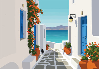 A charming alleyway in greece, bathed in sunlight, features whitewashed buildings adorned with vibrant orange flowers, creating a picturesque scene with a glimpse of the azure sea in the distance