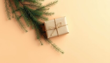 A single gift wrapped in kraft paper with twine sits near evergreen boughs on a peach backdrop, providing copy space