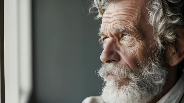 Elderly man with white beard looking pensively out window