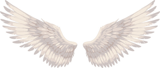 Beautiful angel wings vector illustration with white feathers, detailed design, and spiritual symbolism representing purity, freedom, fantasy, divine protection, inspiration.