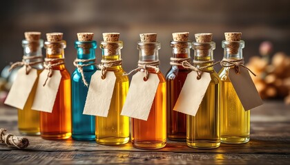 Bottles with cork stoppers and paper labels stand on an aged wooden surface showcasing varied hues of liquid, suggesting natural wellness ingredients