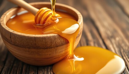 Golden Honey Flowing from a Wooden Dipper into a Rustic Wooden Bowl on a Weathered Wooden Surface