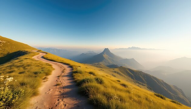 Winding mountain path leads through golden grassy hills with distant hazy peaks under a clear blue sky offering solitude and breathtaking views