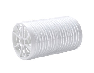 White cylindrical filter element with radial and axial perforations, exhibiting a ribbed structure and open design for fluid flow