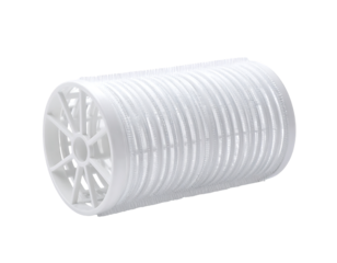 White cylindrical filter element with radial and axial perforations, exhibiting a ribbed structure and open design for fluid flow