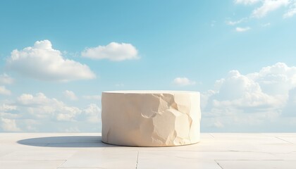 Stone Podium Platform for Display Against a Serene Sky with Scattered Clouds in Minimalist Aesthetic