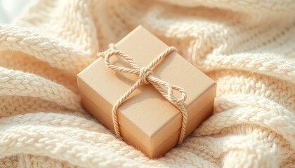 Simple Kraft Gift Box Wrapped in Jute Twine Resting on a Soft Knit Blanket With a Warm and Inviting Aesthetic
