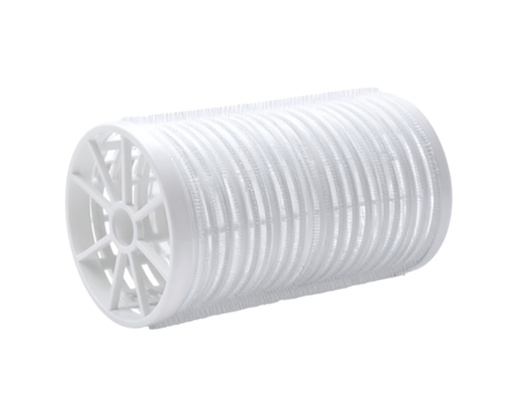 White cylindrical filter element with radial and axial perforations, exhibiting a ribbed structure and open design for fluid flow
