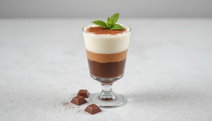 Elegant Dessert Presentation Featuring Layered Chocolate Mousse Garnished with Mint Sprigs and Chocolate Powder Dusted Surface