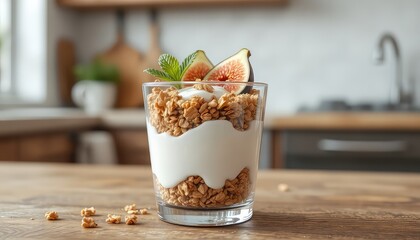 Layered crunchy granola breakfast parfait with creamy yogurt and fresh figs served on rustic wooden table