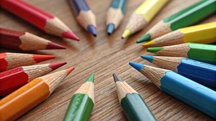 Fototapeta premium Colored pencil tips scattered in a creative workspace on a wooden surface