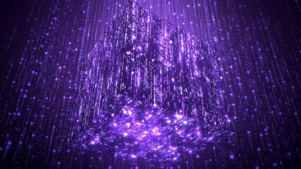 Abstract animation of a glowing purple cube formed by shimmering particles, rotating majestically amidst a cascade of digital light streams, representing futuristic technology and data transfer - Powered by Adobe