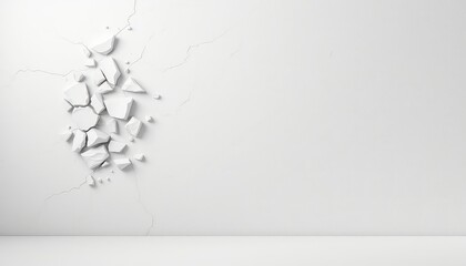 Abstract minimal scene of broken material on a stark white wall with subtle cracks and a clean floor