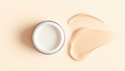 Elegant presentation showcasing facial powder alongside cream foundation smears on a clean surface