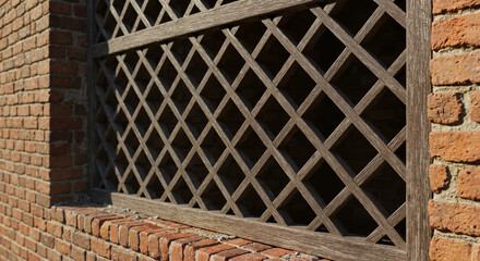 Wooden lattice window on brick wall in rustic style  