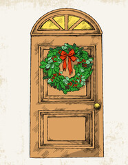 Hand-drawn illustration of an entrance door decorated with a Christmas wreath.