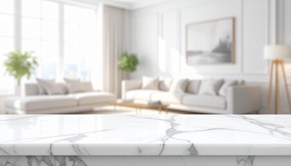 Fototapeta premium Elegant white marble countertop on a blurred background of a modern, bright living room interior, perfect for product display or showcasing items with a sophisticated aesthetic