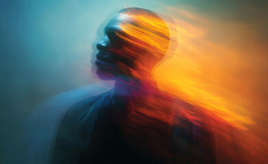 Abstract Portrait Of A Man With Glitch Effect, Blurred Motion And Vibrant Color Streaks