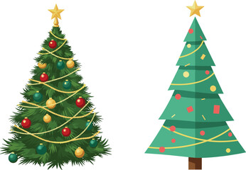 Realistic and Stylized Christmas Tree Side by Side in Festive Holiday Vector Illustration with Colorful Ornaments, Garland, and Star Topper