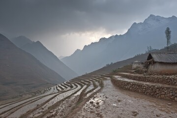 Misty mountain valley with terraced rice paddies and rustic farm house