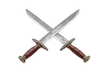 Crossed sword pair with leather-wrapped handles in oxblood shade, hammered steel finish on blades, decorative stance, transparent background.
