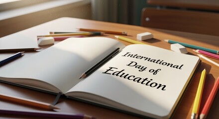 Photorealistic close-up of an open notebook with “International Day of Education” neatly written. Classroom light ambiance