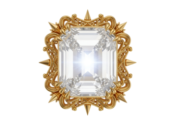 Luxurious, gold-framed emerald-cut diamond, radiating brilliance against a striking black backdrop.
