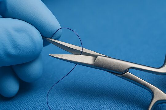 A macro close-up of gloved hands using fine surgical scissors to trim a blue suture thread, emphasizing precision and sterile technique.