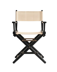 Fototapeta premium Director’s chair with matte black ash frame and sand beige canvas seat and back, cross-brace and rivets visible, transparent background. 