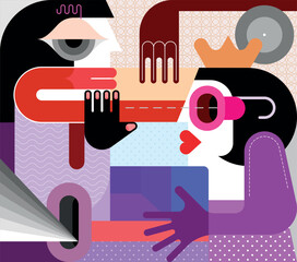 A woman with a crown on her head and a man gesturing to stop her. Modern art vector illustration, digital painting.