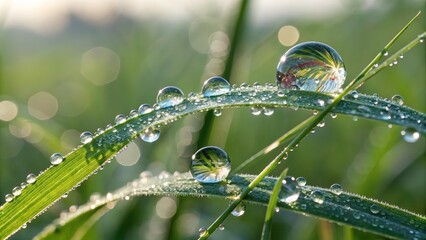 Dew drops glisten on green blades of grass in the early morning light at a tranquil outdoor location