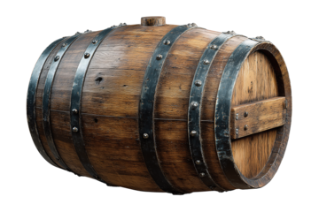Vintage wooden wine cask showing natural wear and riveted hoops, isolated on transparent background.
