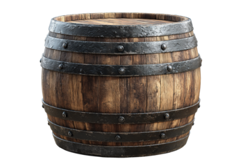 Classic oak wine barrel with dark steel hoops and visible grain, isolated on transparent background.
