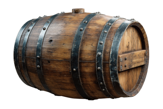 Vintage wooden wine cask showing natural wear and riveted hoops, isolated on transparent background.
