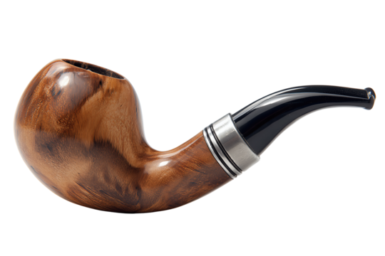 Classic wooden pipe with matte black ebonite stem and brushed ferrule, isolated on transparent background.
