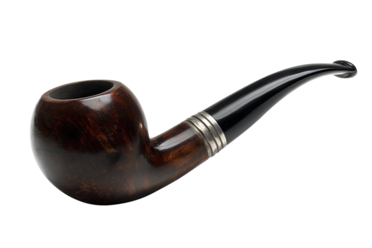 Elegant briar wood smoking pipe with polished grain and silver ring, isolated on transparent background.
- Powered by Adobe