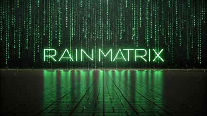 Digital rain matrix effect creates a mesmerizing visual experience in a futuristic setting with glowing green patterns reflecting on a surface