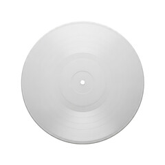 Pristine blank white vinyl record with etched grooves and central hole, centered against seamless black background, top-down studio shot with soft lighting, concept of blank canvas for music