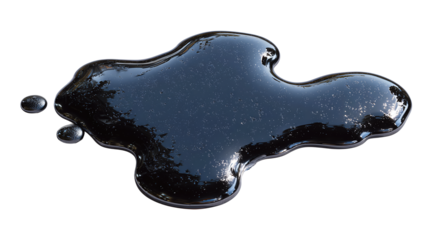 Irregular oil spill puddle with glossy surface and smooth edges, isolated on transparent background.
