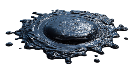 Shiny black petroleum puddle with small satellite drops, isolated on transparent background.
