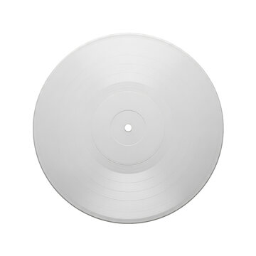 Pristine blank white vinyl record with etched grooves and central hole, centered against seamless black background, top-down studio shot with soft lighting, concept of blank canvas for music