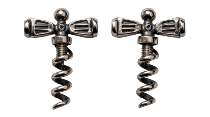Pair of wine openers with matte black accents and visible worm milling, isolated on transparent background.
