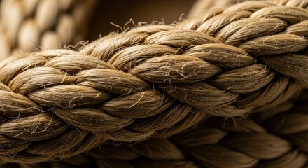Close-up of Braided Rope Texture Natural Fibers Brown Tones.