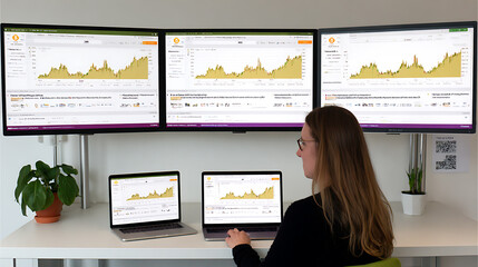 Woman analyzing financial data on multiple computer screens in a modern office setting